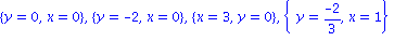 {y = 0, x = 0}, {y = -2, x = 0}, {x = 3, y = 0}, {y = (-2)/3, x = 1}